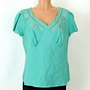 Lane Bryant 14 16 Aqua Linen Blend Top Silver Stitching Clear and Brown Beads